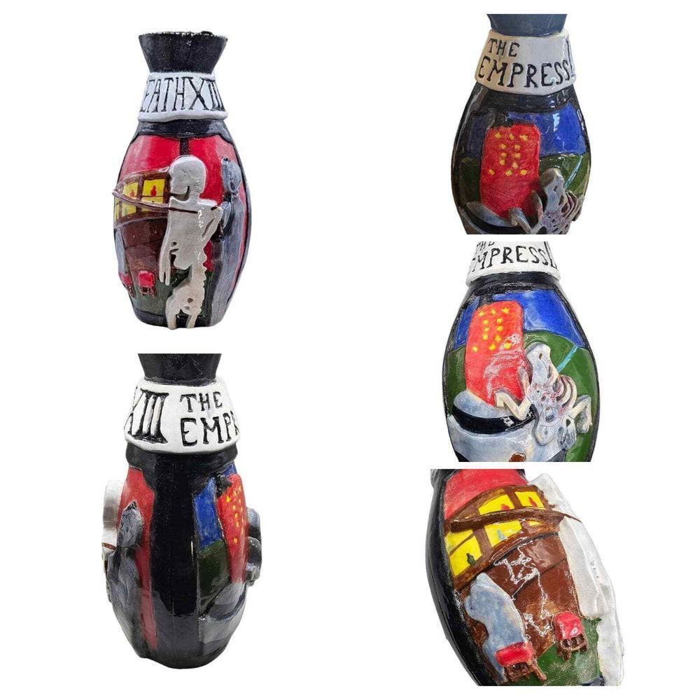 Red & Black Tarot Skeleton Spooky‎ Witch Warlock Handmade Heavy Pottery Vase